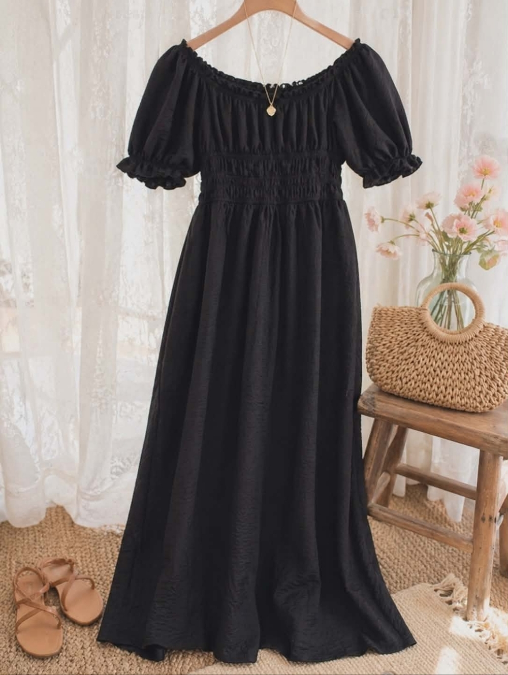 H&M Black Puff Sleeve Off The Shoulder Dress. Size Small